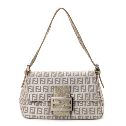 Fendi Metallic Jacquard Zucchino Suede Mini Mama Baguette Peltro Argento Sabbia 1 of 9