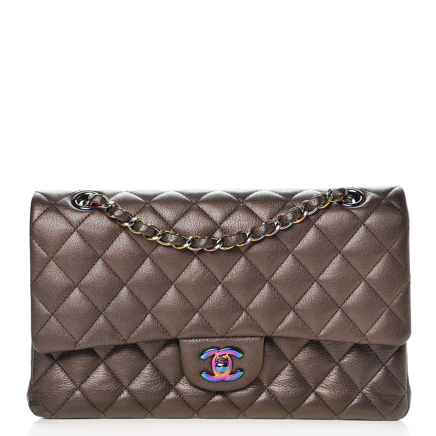 Iridescent Goatskin Quilted Medium Double Flap Bronze