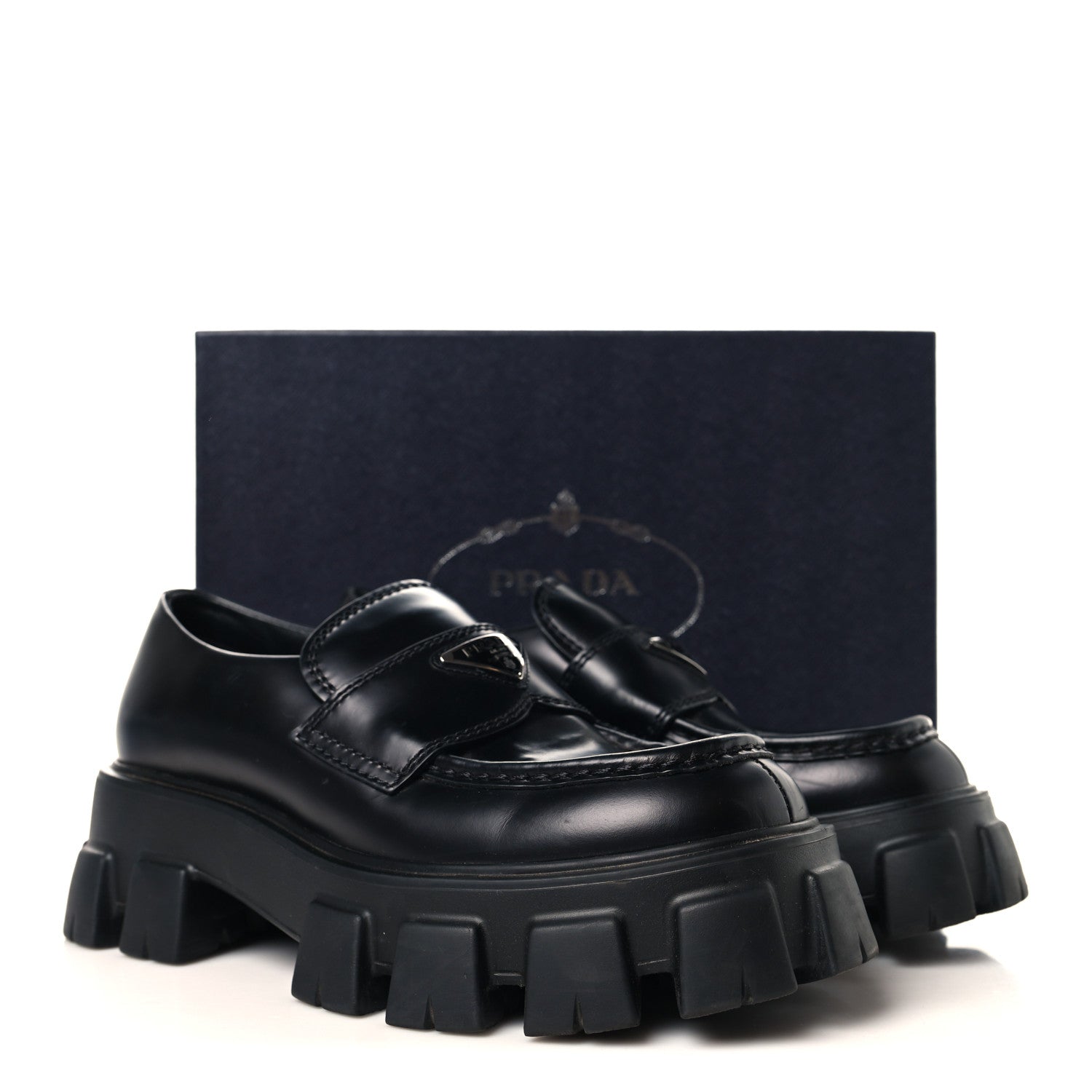 Prada Spazzolato Rois Metal Triangle Logo Mens Monolith 60mm Loafers 6 Black 11 of 11