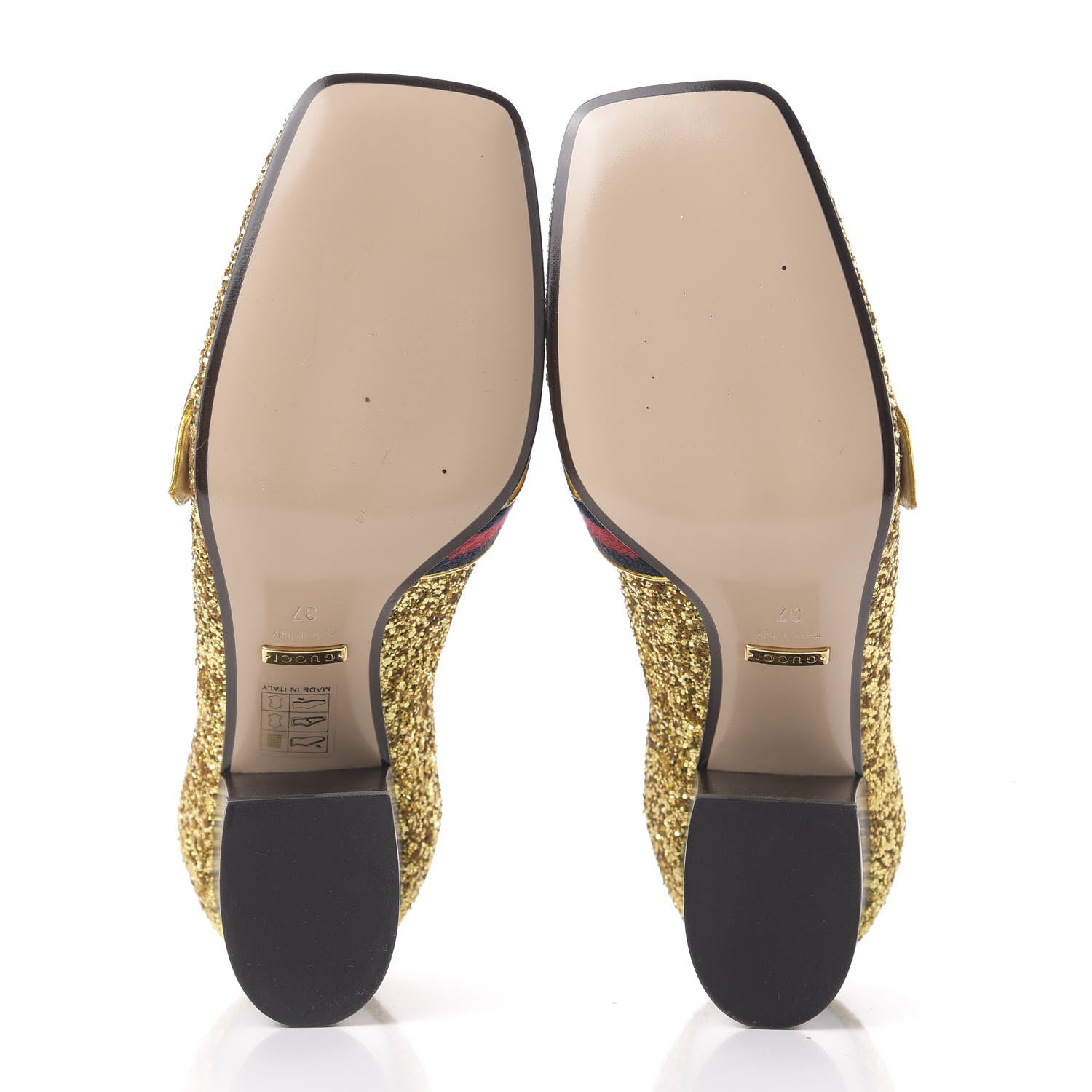 Gucci Glitter Nappa Web Peyton 75mm Loafer Pumps 37 Oro Vecchio 6 of 15