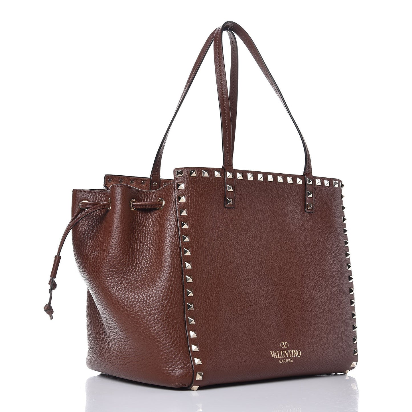 Pebbled Calfskin Rockstud Double Handle Cinch Tote Light Brown