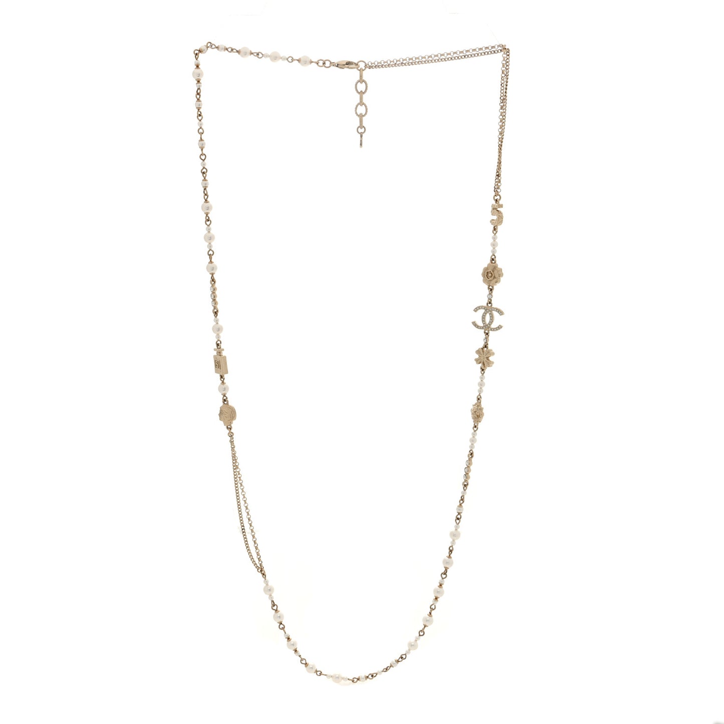Pearl Crystal Graduated CC No.5 Perfume Bottle Flower Long Necklace Gold White