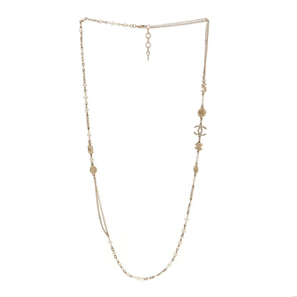 Chanel Pearl Crystal Graduated CC No.5 Perfume Bottle Flower Long Necklace Gold White 3 of 5