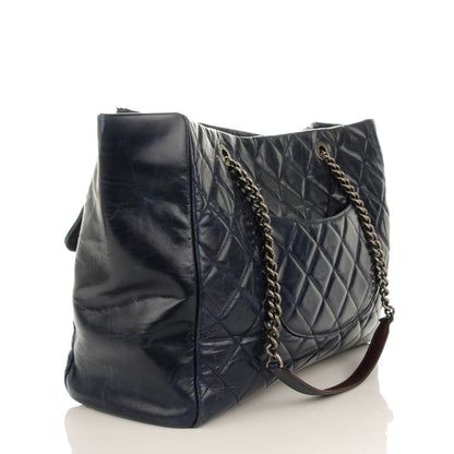 Chanel Glazed Calfskin Quilted Large Duo Color Tote Navy Burgundy 3 of 8