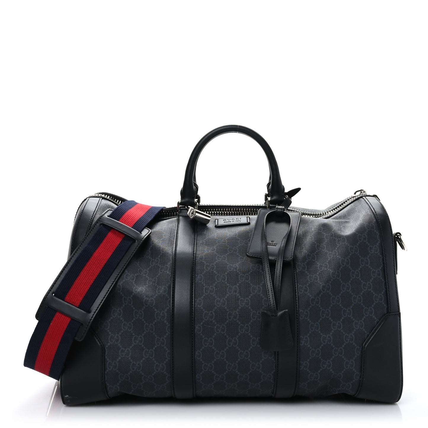 Soft GG Supreme Monogram Appia Calfskin Web Medium Carry On Duffle Bag Black Grey