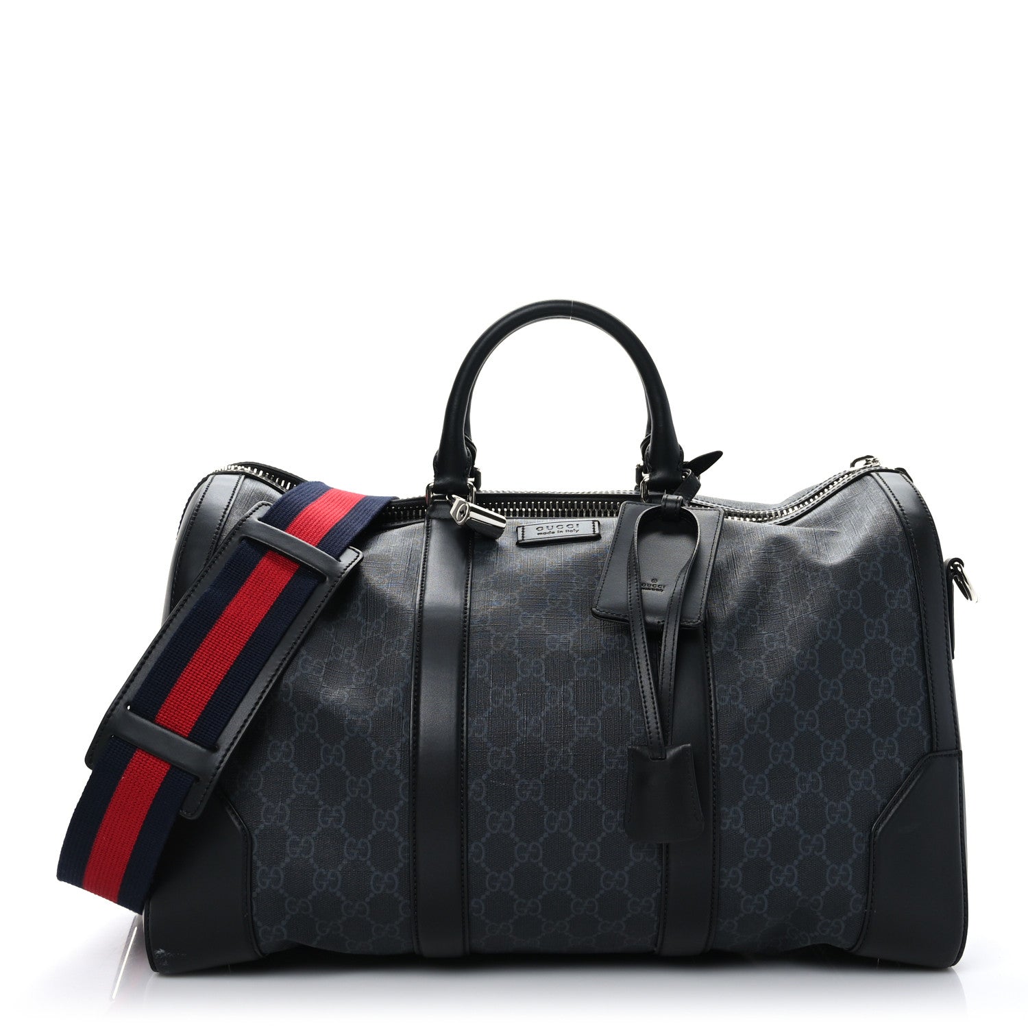 Gucci Soft GG Supreme Monogram Appia Calfskin Web Medium Carry On Duffle Bag Black Grey 1 of 12