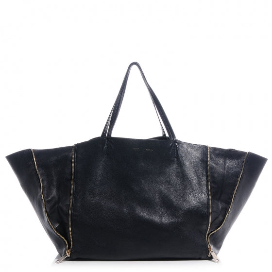 Leather Horizontal Zipper Gusset Cabas Black