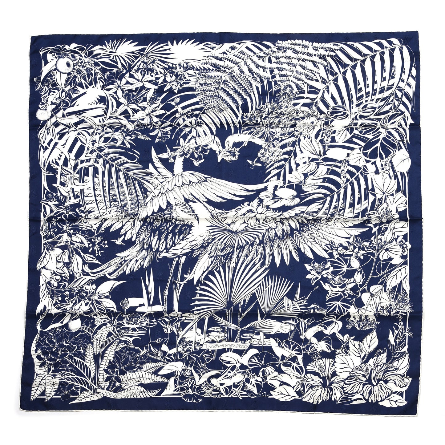 Silk Tatouage Flamingo Party Scarf 90 Bleu White