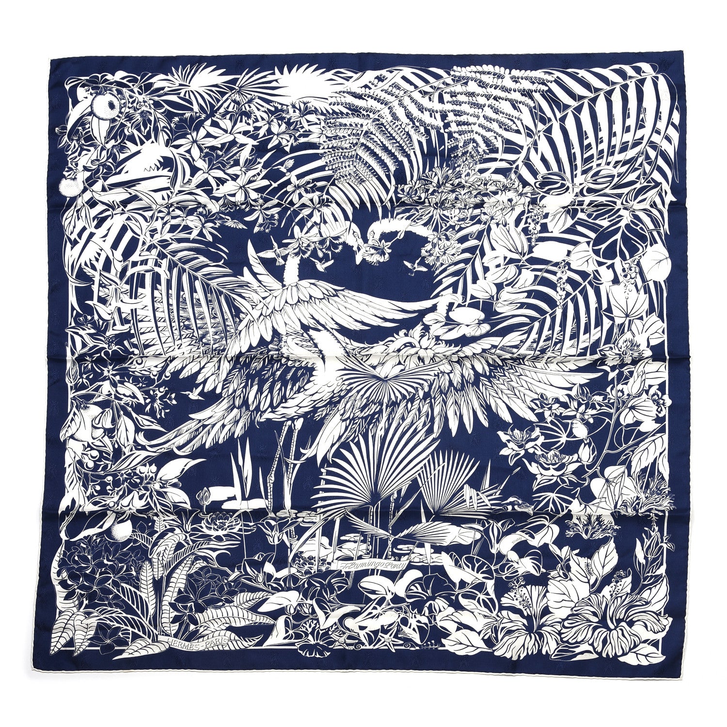 Hermes Silk Tatouage Flamingo Party Scarf 90 Bleu White 1 of 5