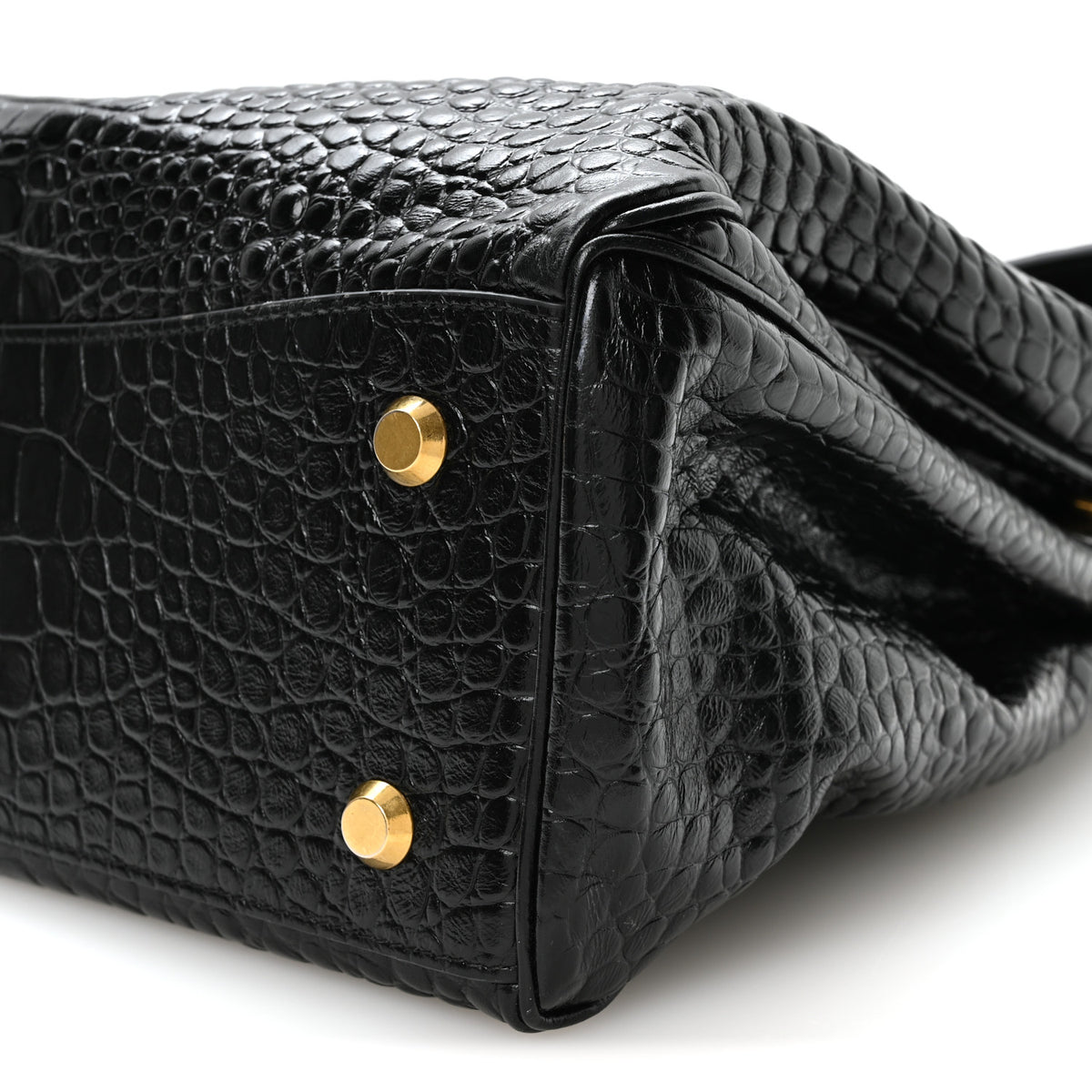 Shiny Calfskin Crocodile Embossed Large Rodeo Top Handle Handbag Black