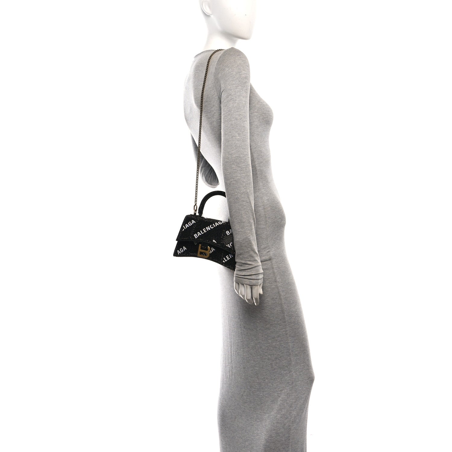 Balenciaga Strass Suede Allover Logo Hourglass Top Handle Bag XS with Chain Black White 2 of 11