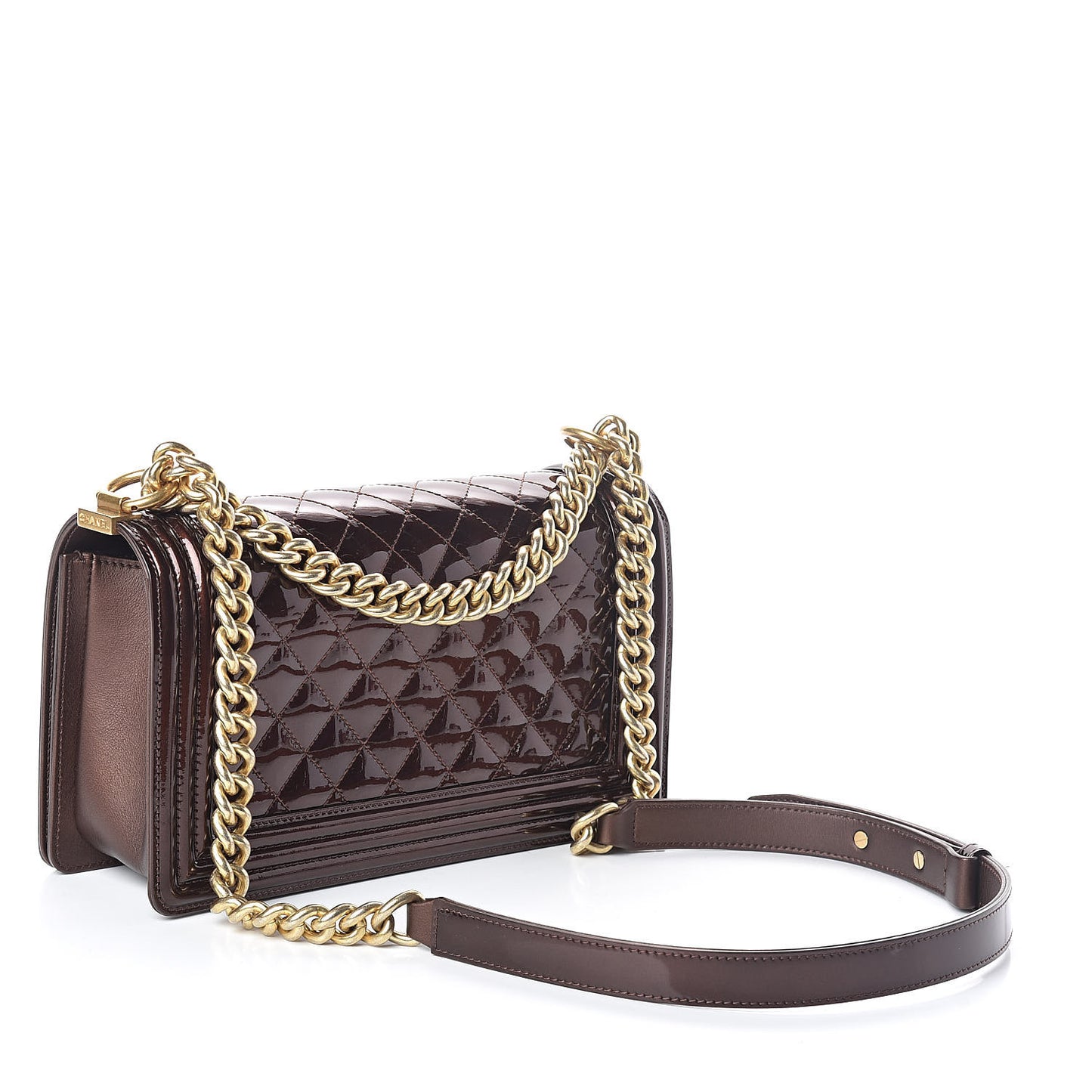 Metallic Patent Calfskin Quilted Medium Boy Flap Brown