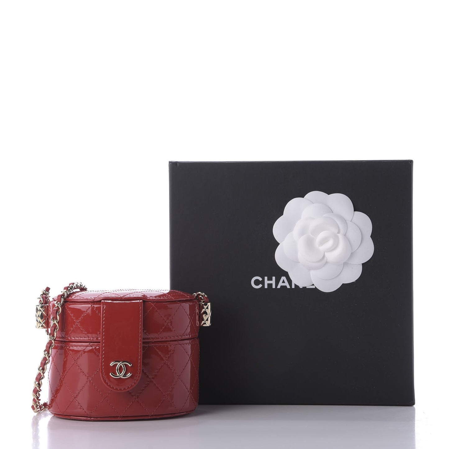 Patent Quilted Small Round Vanity With Chain Red