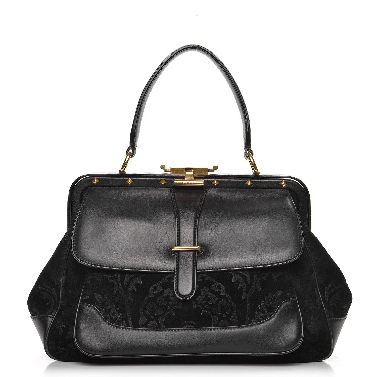 Gucci Nubuck Brocade Medium Lady Stirrup Top Handle Black 1 of 17
