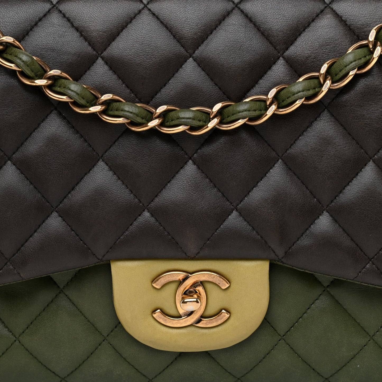 Lambskin Quilted Tri-Color Jumbo Double Flap Green Brown