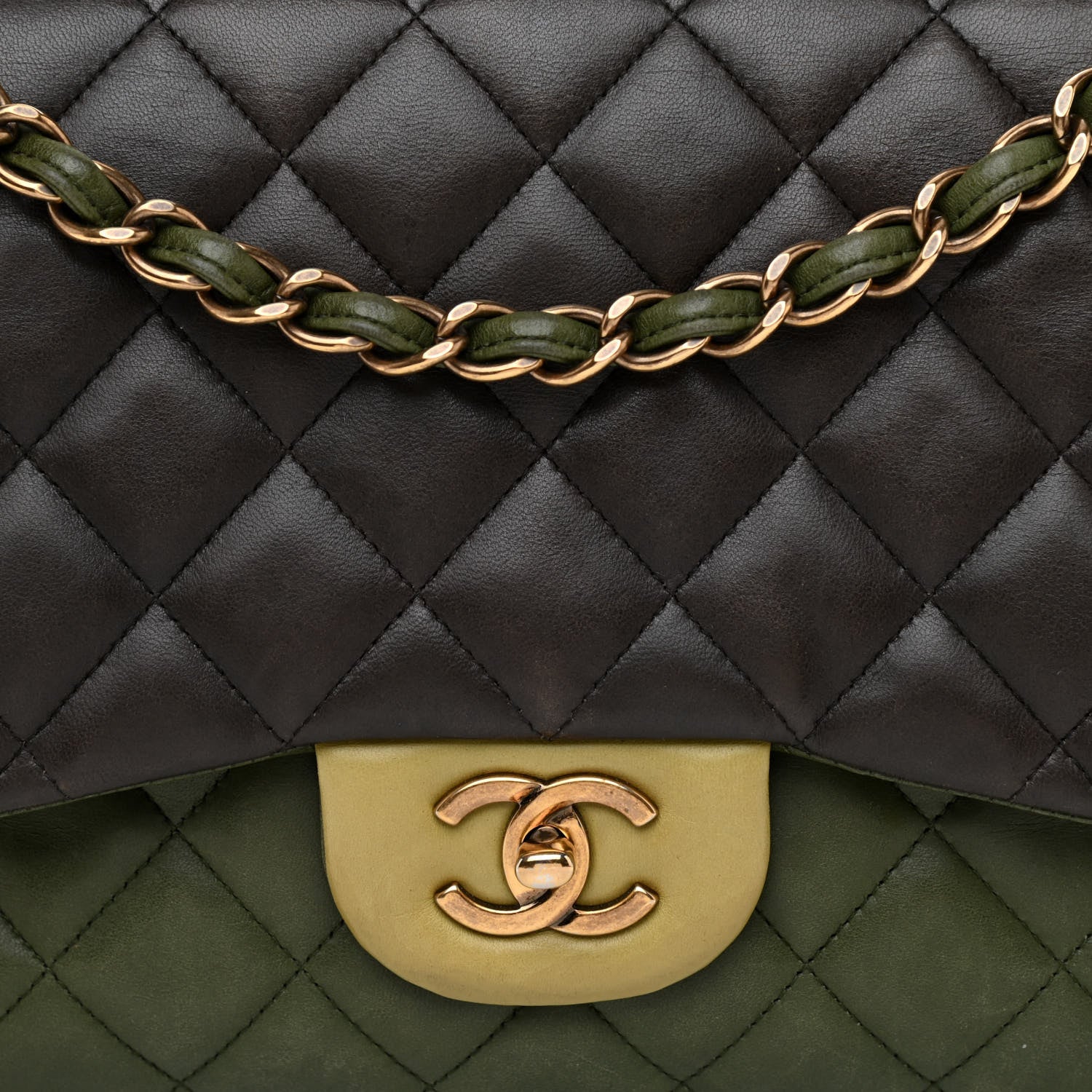 Chanel Lambskin Quilted Tri-Color Jumbo Double Flap Green Brown 8 of 14