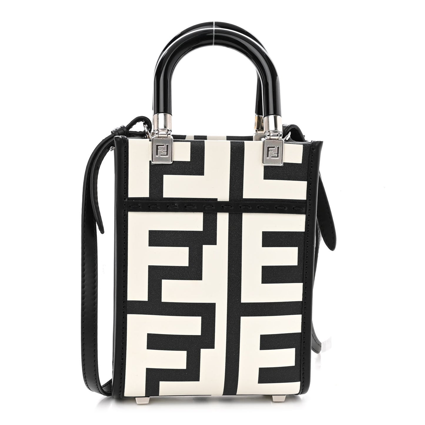 X MARC JACOBS Vitello King Plexiglass Logo Print Mini Fendi Sunshine Shopper Tote Black White