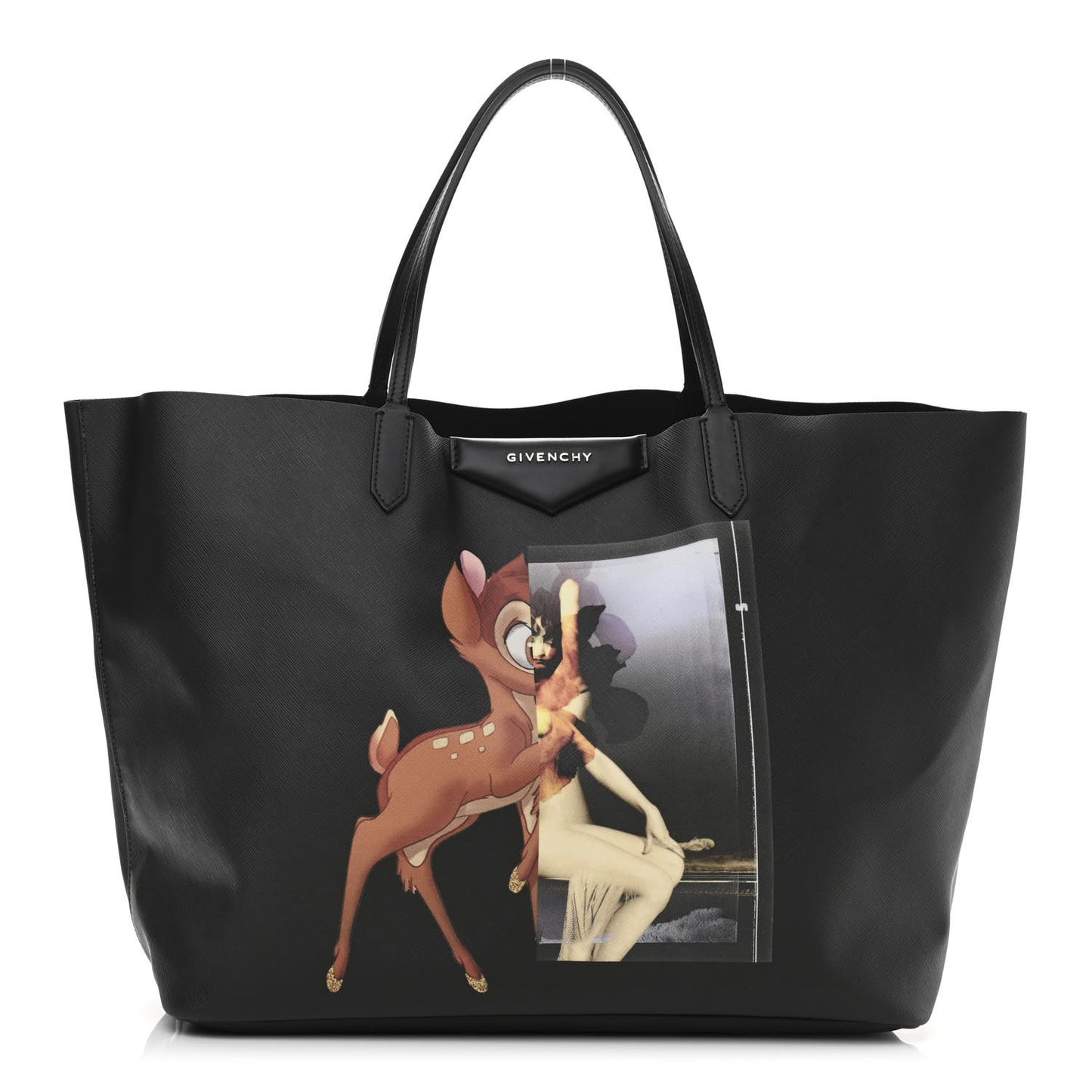 Textured Coated Canvas Bambi Print Large Antigona Tote Black