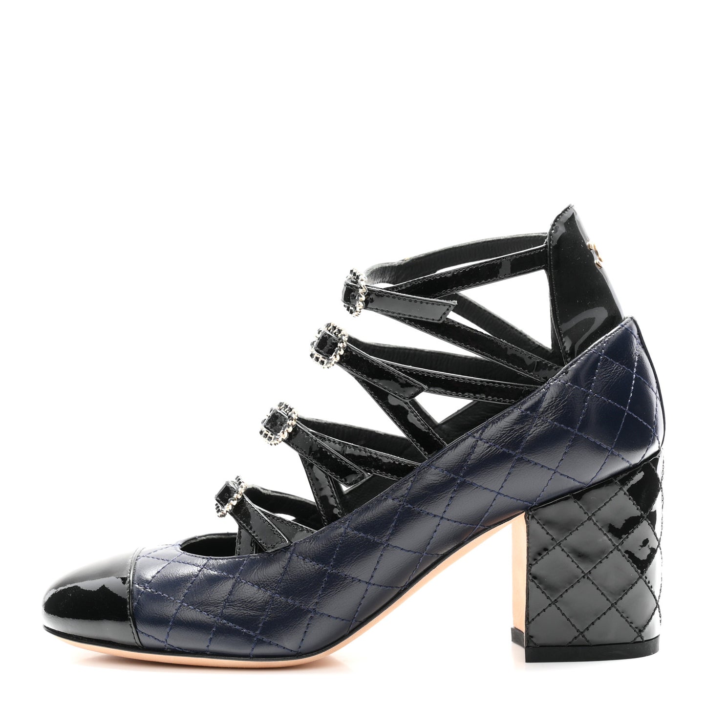 Patent Calfskin Quilted CC Cap Toe Pumps 35 Navy Black