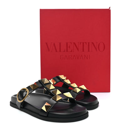 Valentino Garavani Calfskin Roman Stud Flat Slide Sandals 36 Black 10 of 10