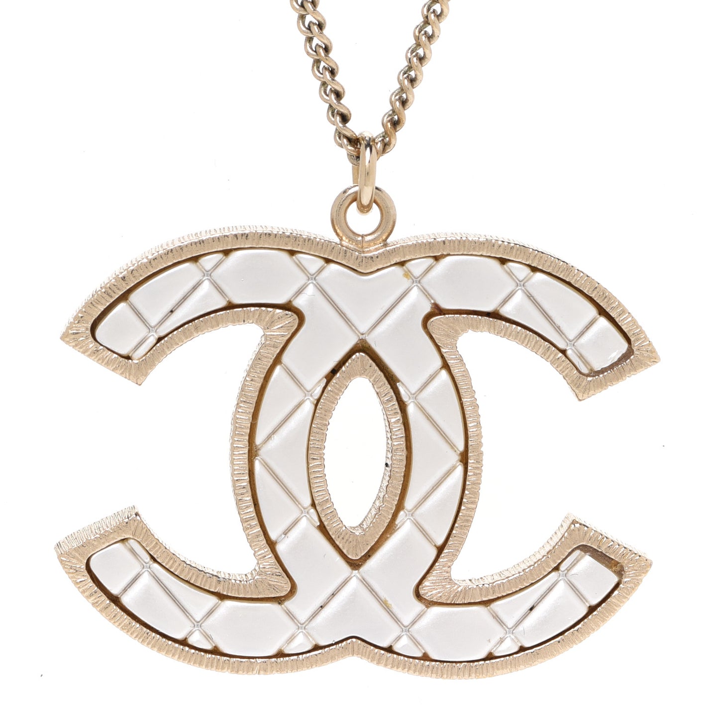 Metal Quilted CC Pendant Necklace Gold White