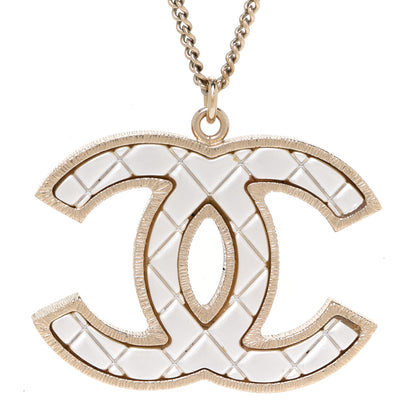 Chanel Metal Quilted CC Pendant Necklace Gold White 4 of 5