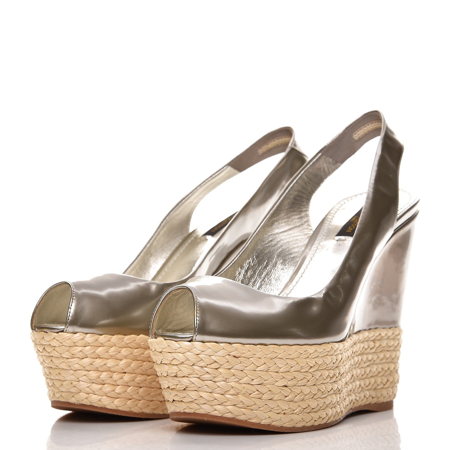 Louis Vuitton Patent Leather Lagoon Espadrille Peep Toe Wedges 37 Silver 2 of 8
