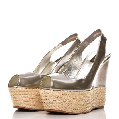 Louis Vuitton Patent Leather Lagoon Espadrille Peep Toe Wedges 37 Silver 2 of 8
