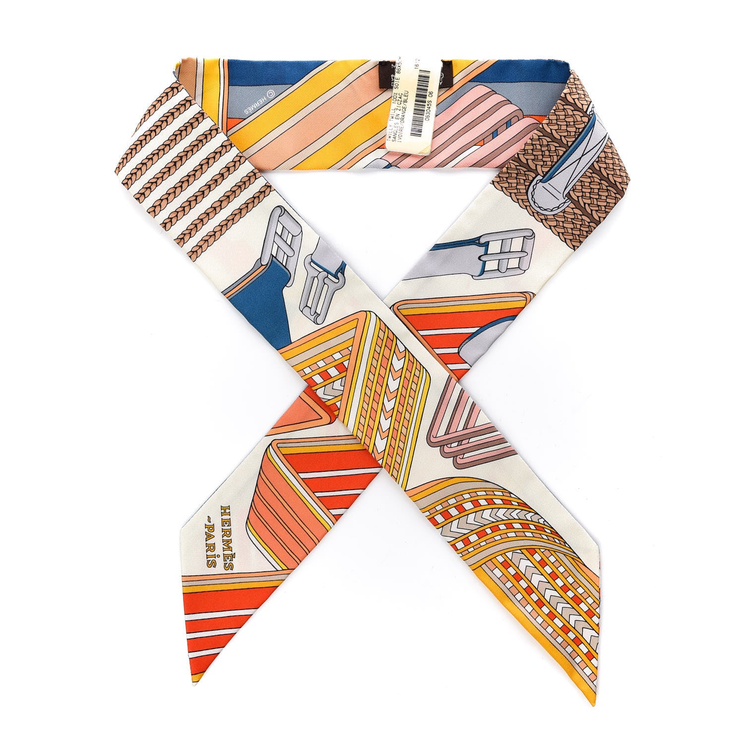 Hermes Silk Sangles En Zigzag Twilly Ivory Orange Bleu 1 of 3