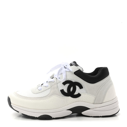 Chanel Mesh Suede Calfskin Grained Calfskin Womens CC Sneakers 37.5 White Black 1 of 9