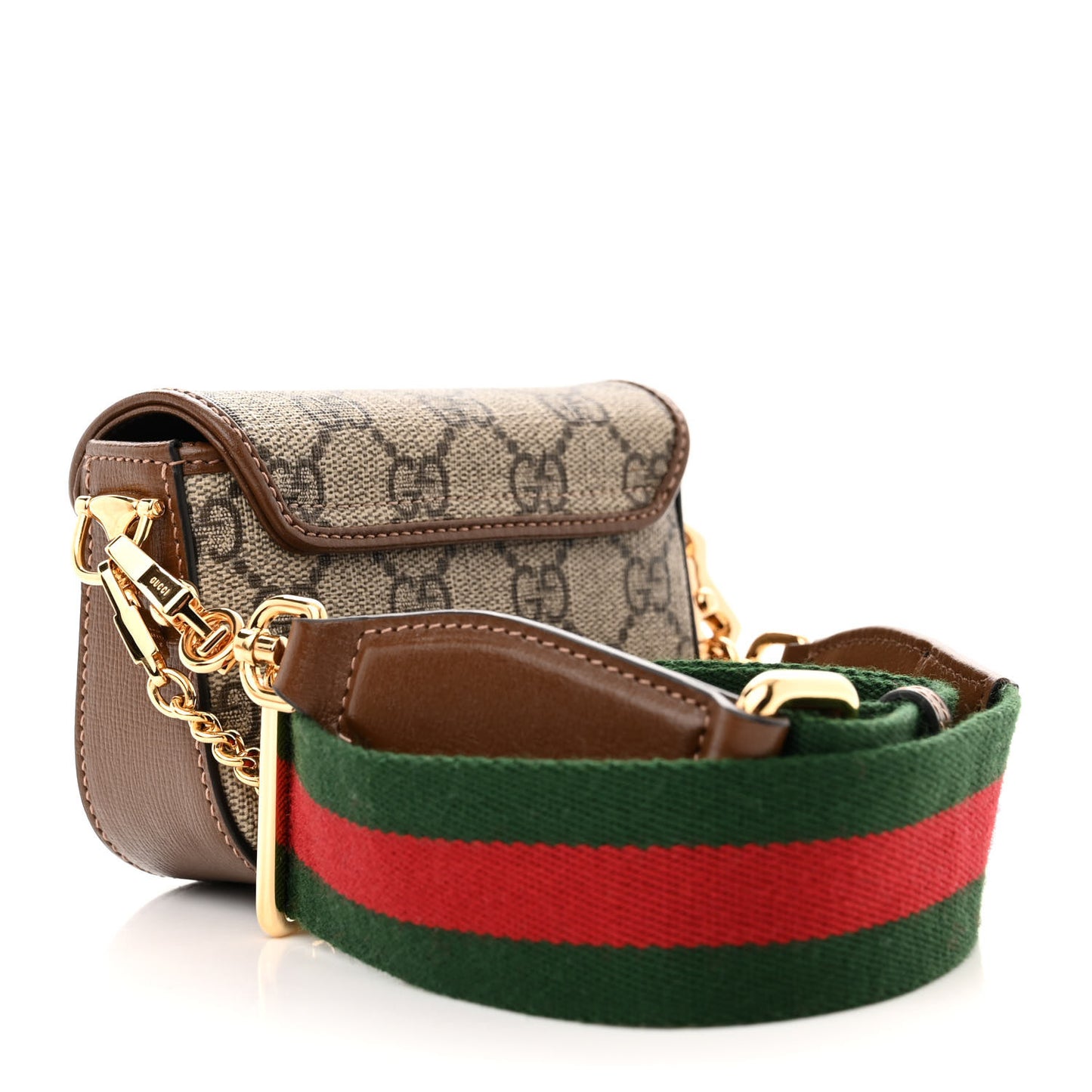 GG Supreme Monogram Azalea Calfskin Web Horsebit 1955 Wallet On Strap Beige Ebony Brown Sugar
