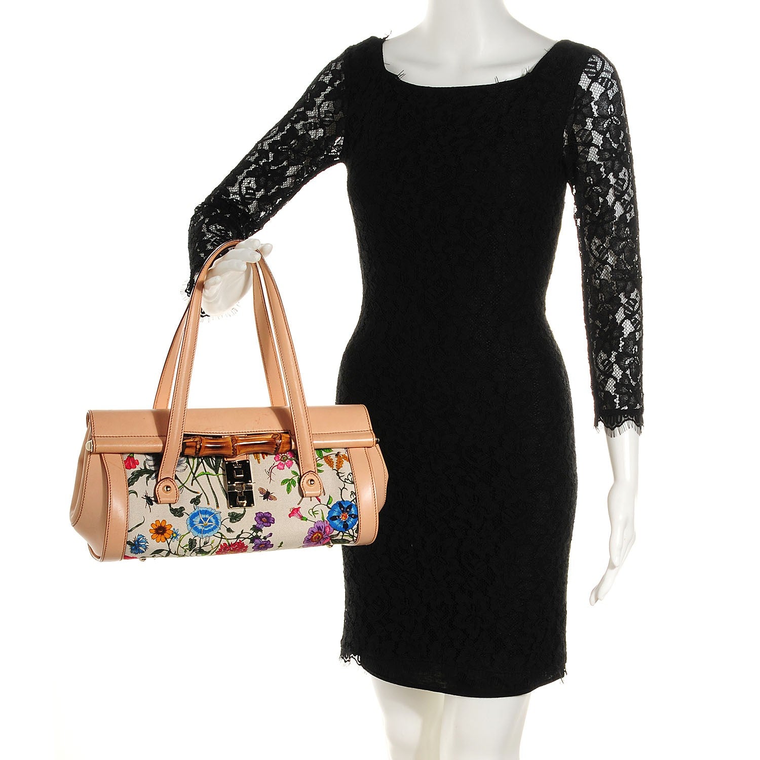 Gucci Canvas Flora Floral Bamboo Bullet Satchel 2 of 7
