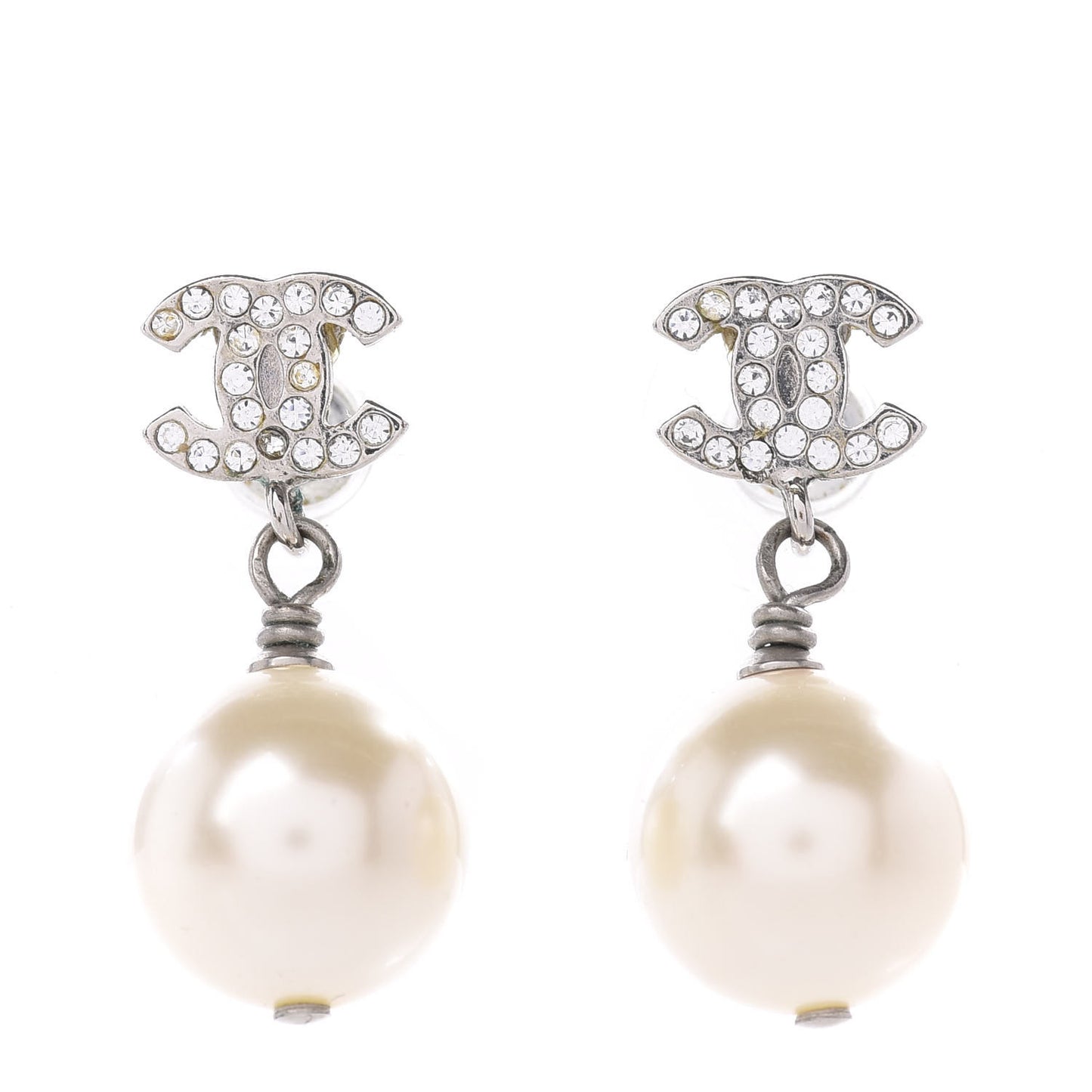 Crystal Pearl CC Drop Earrings Silver