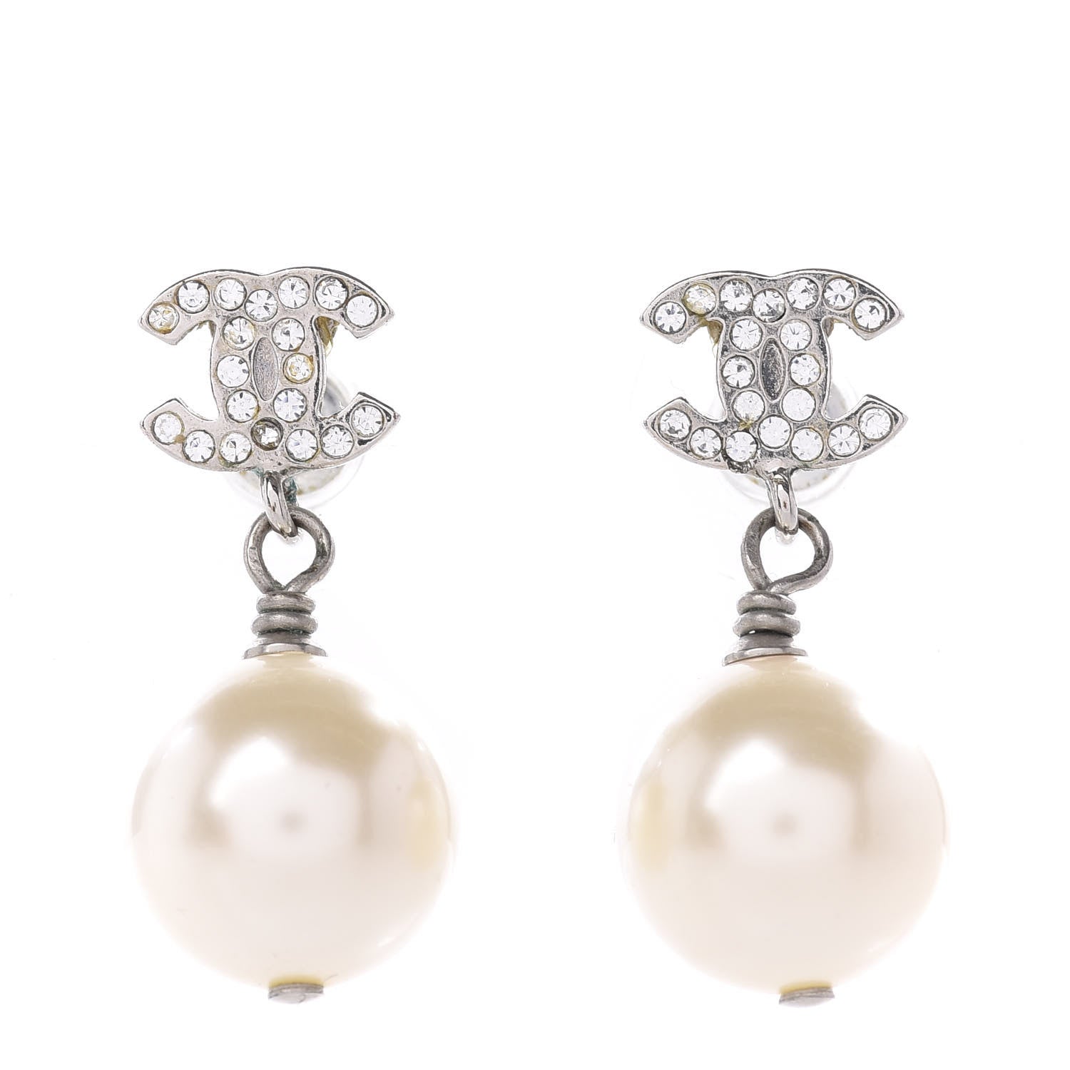 Chanel Crystal Pearl CC Drop Earrings Silver 1 of 4