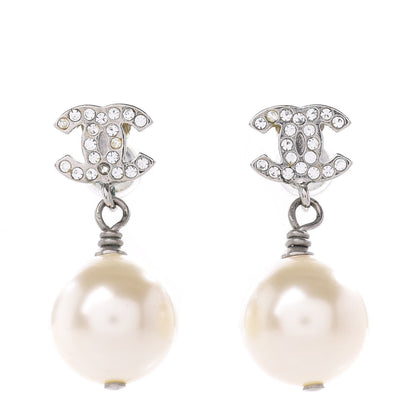 Chanel Crystal Pearl CC Drop Earrings Silver 1 of 4