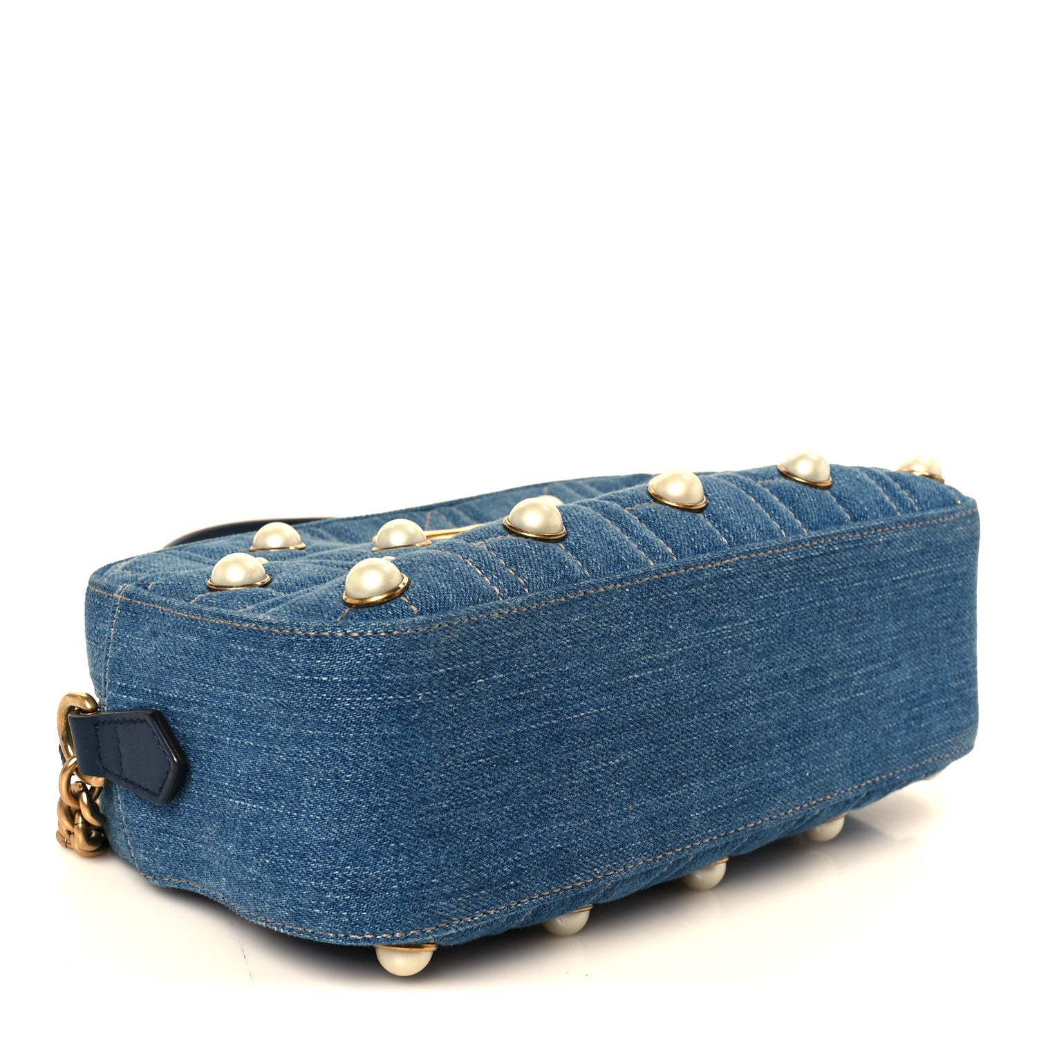 Gucci Denim Matelasse Pearl Studded Small GG Marmont Chain Shoulder Bag Blue 4 of 11