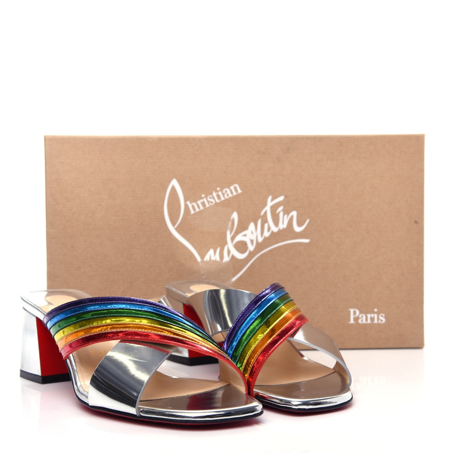 Metallic Calfskin Rainbow Arkenmule 55 Slide Sandals 39.5 Silver Multicolor