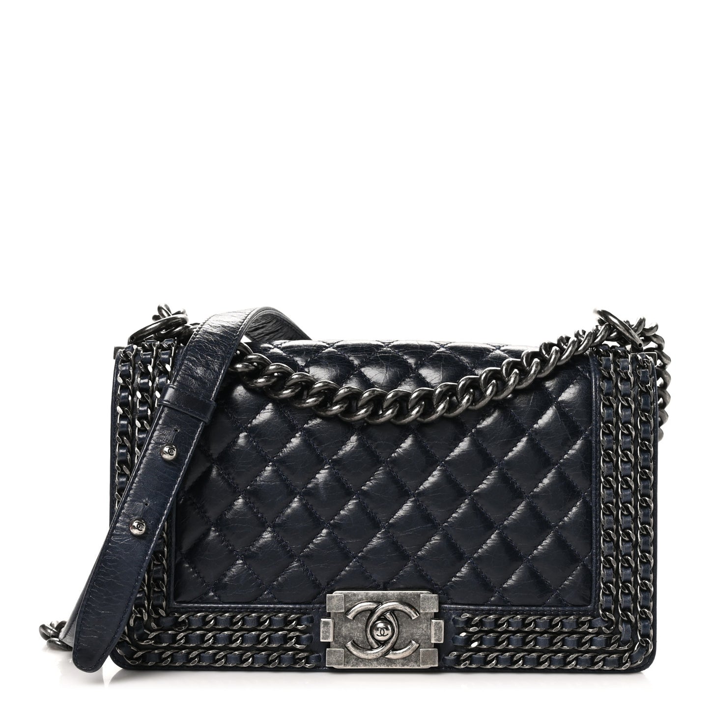 Glazed Calfskin Quilted Medium Boy Chained Flap Blue