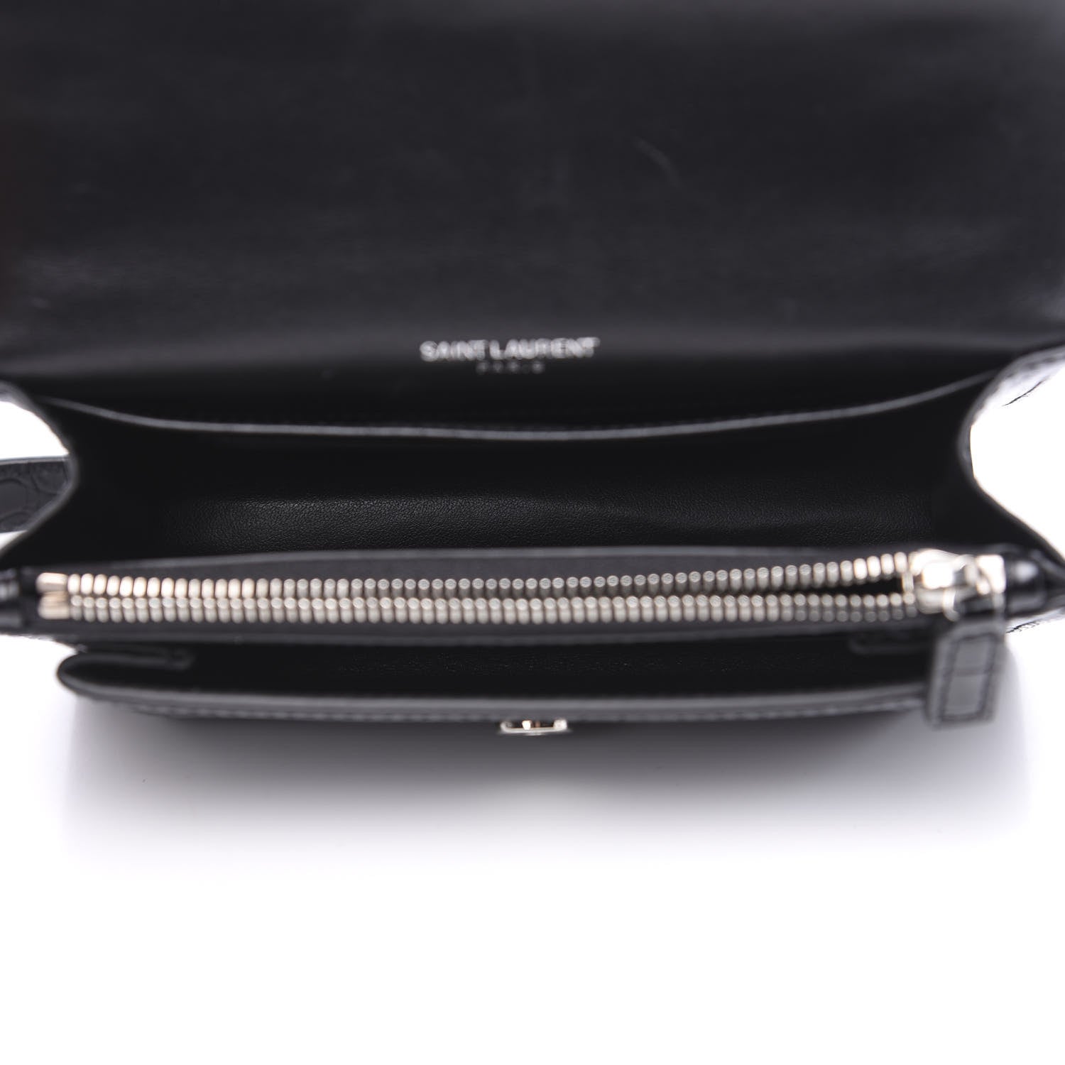 Saint Laurent Calfskin Crocodile Embossed Monogram Sunset Chain Wallet Black 4 of 8