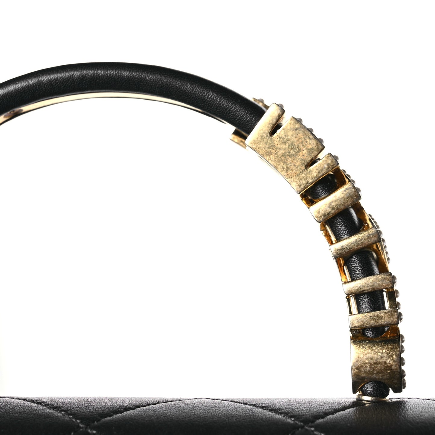 Lambskin Stitched Pearl Logo Top Handle Flap Black