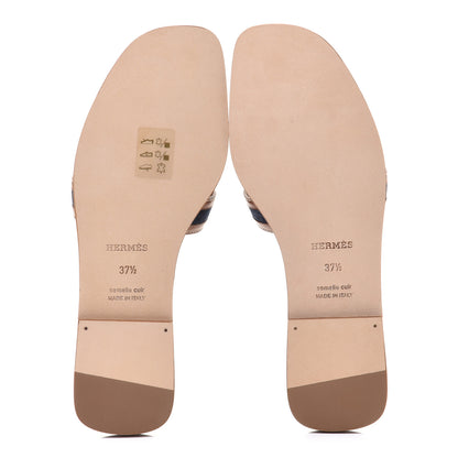 Hermes Calfskin Denim Oran Sandals 37.5 Bleu Brut Gold 5 of 9