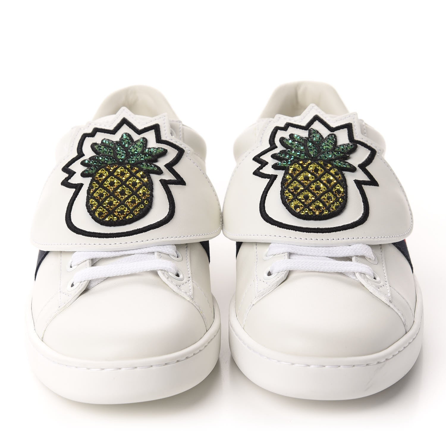 Gucci Calfskin Ayers Crystal Web Pineapple Embroidered Womens New Ace Sneakers 36.5 White 2 of 10
