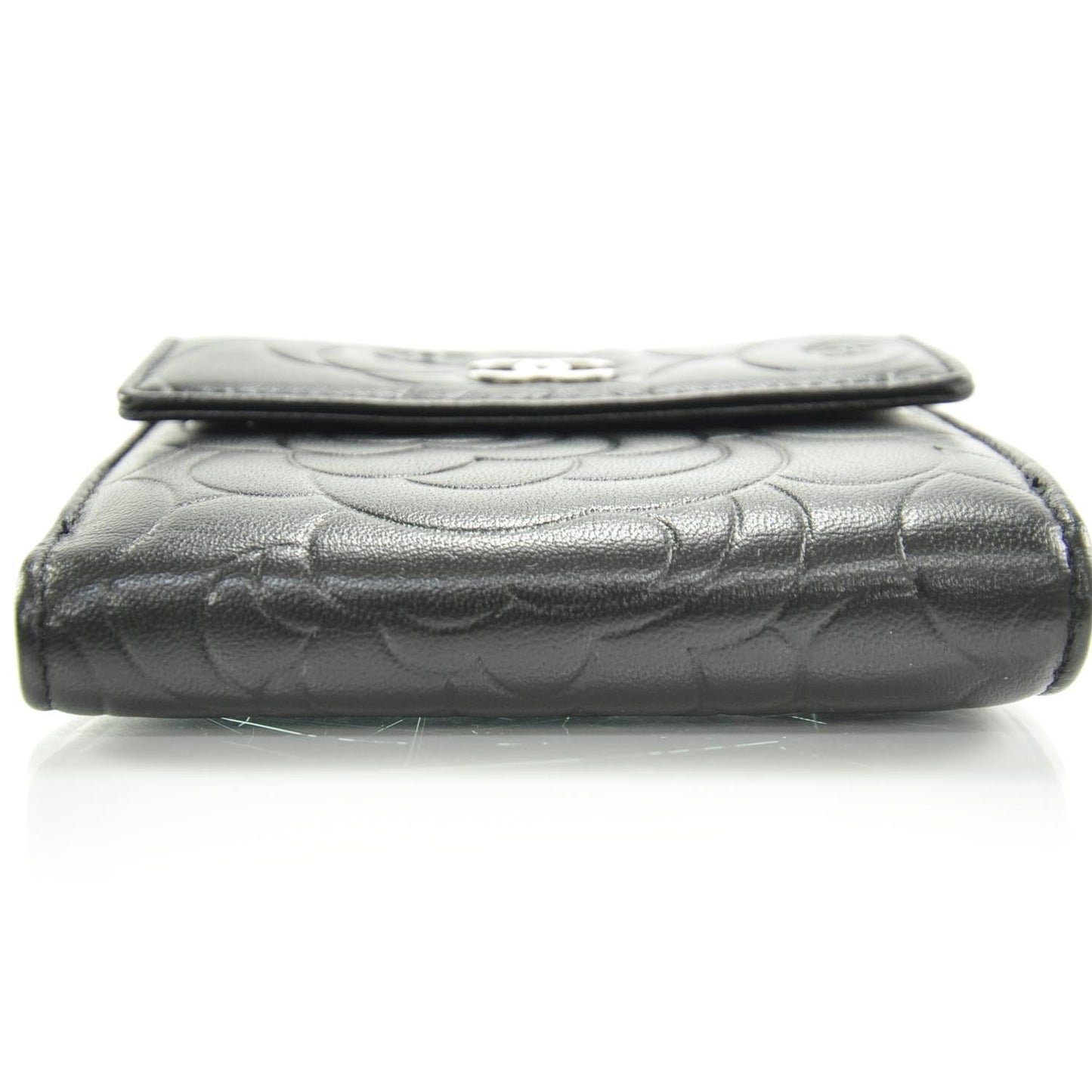 Leather Camellia Embossed Bi-Fold Wallet Black