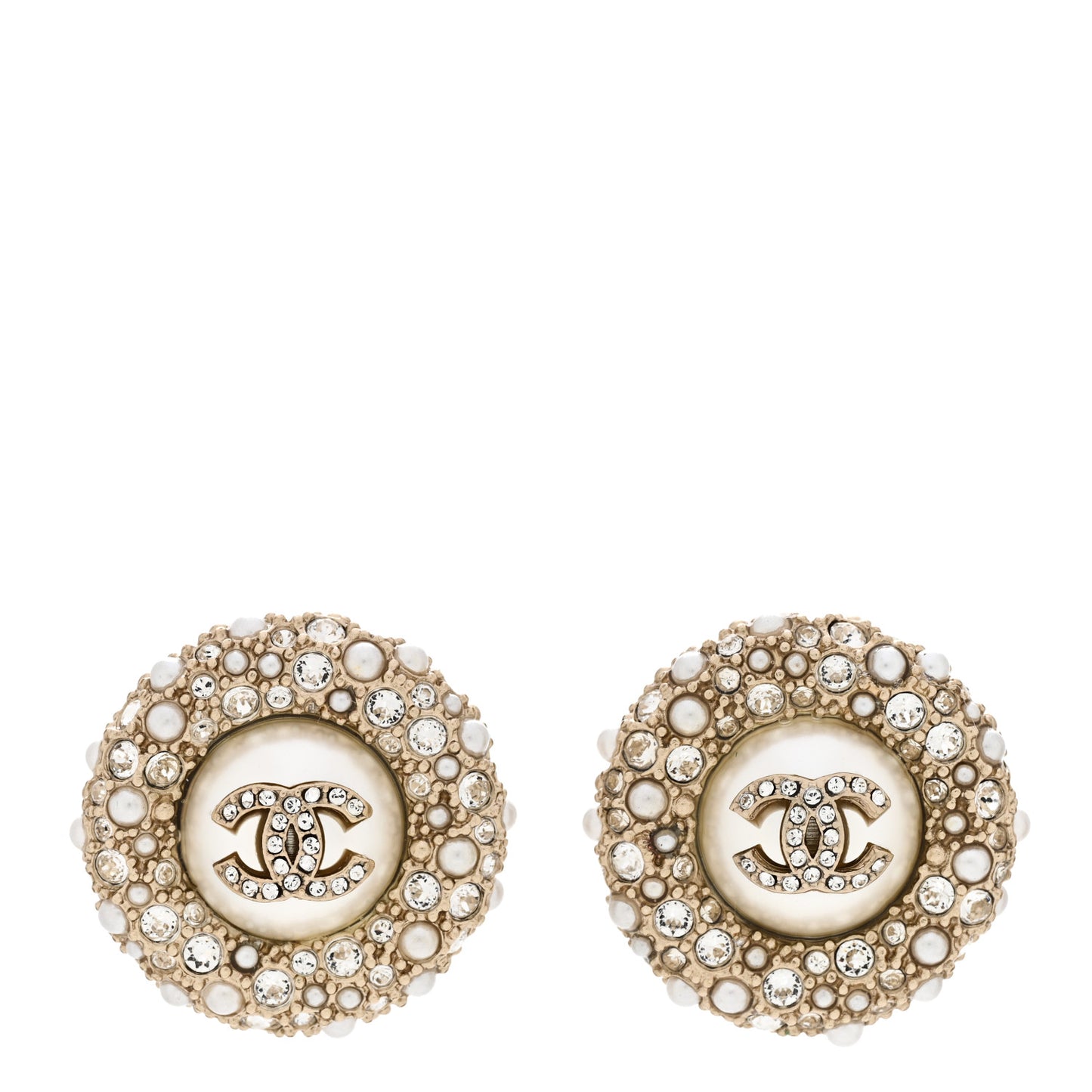 Pearl Crystal CC Round Earrings Light Gold