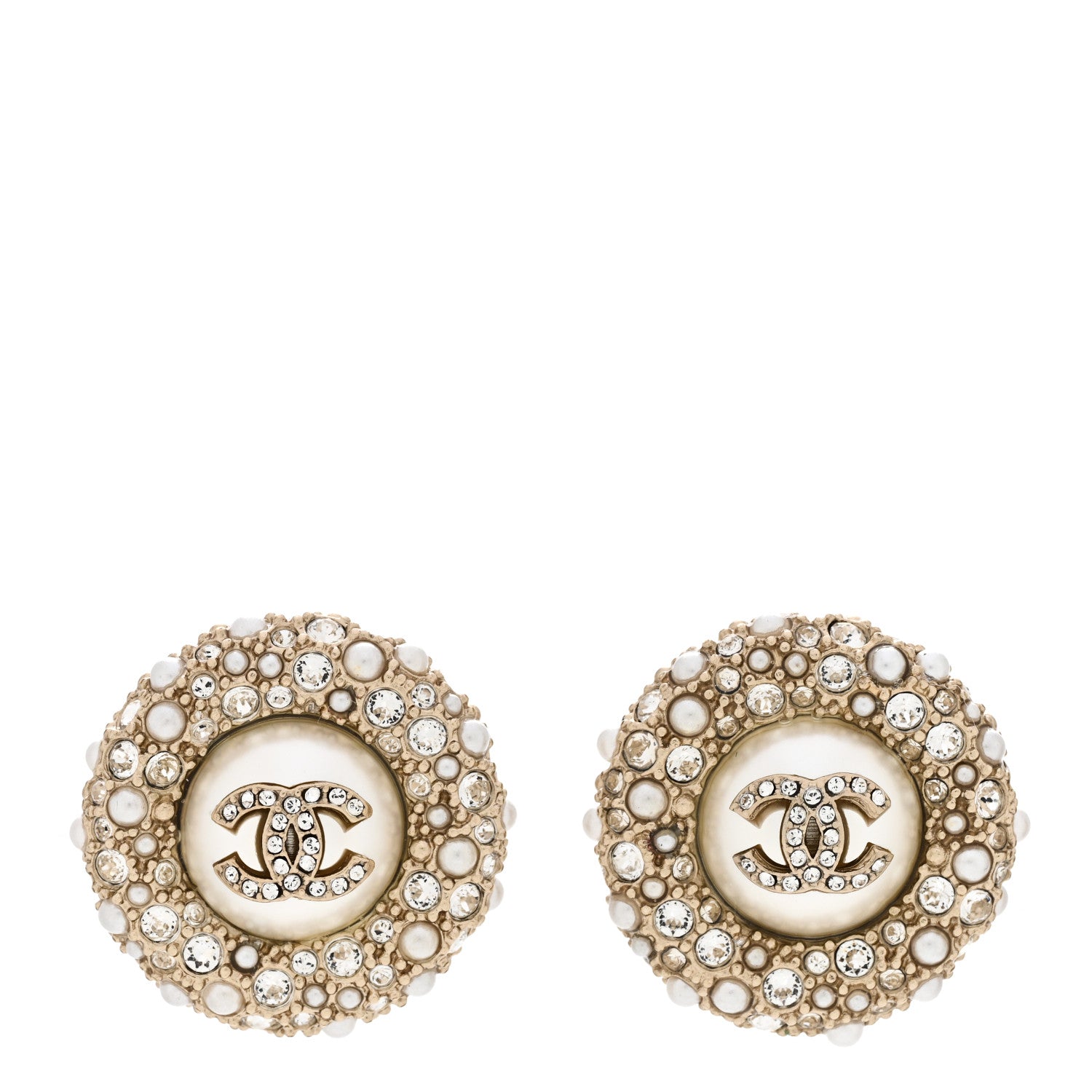 Chanel Pearl Crystal CC Round Earrings Light Gold 1 of 5