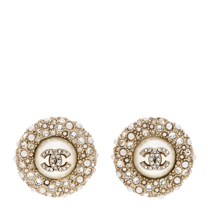 Chanel Pearl Crystal CC Round Earrings Light Gold 1 of 5