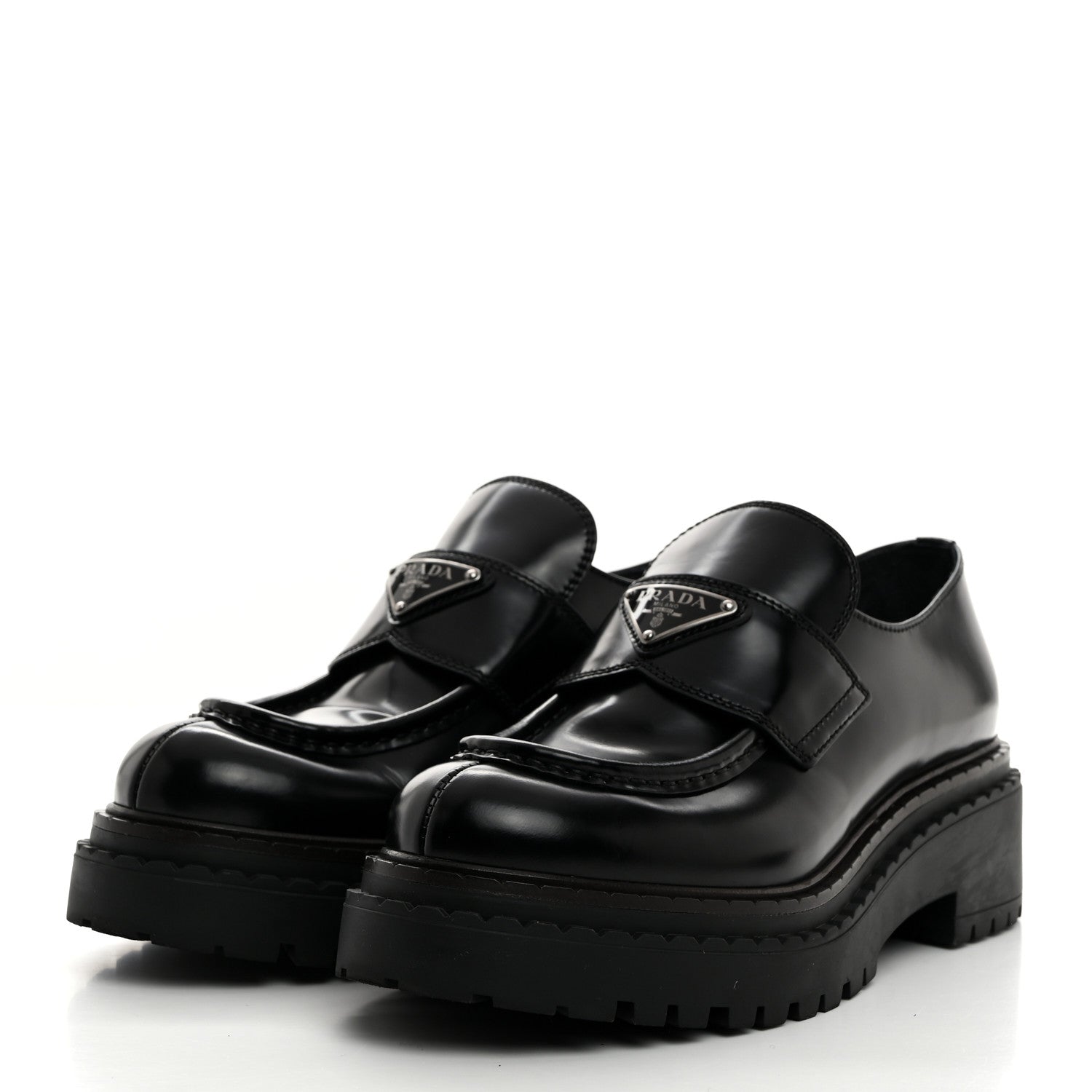 Prada Spazzolato Metal Triangle Logo Double Chocolate Loafers 38 Black 3 of 8