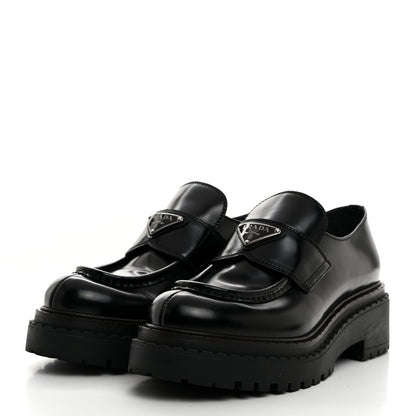 Prada Spazzolato Metal Triangle Logo Double Chocolate Loafers 38 Black 3 of 8