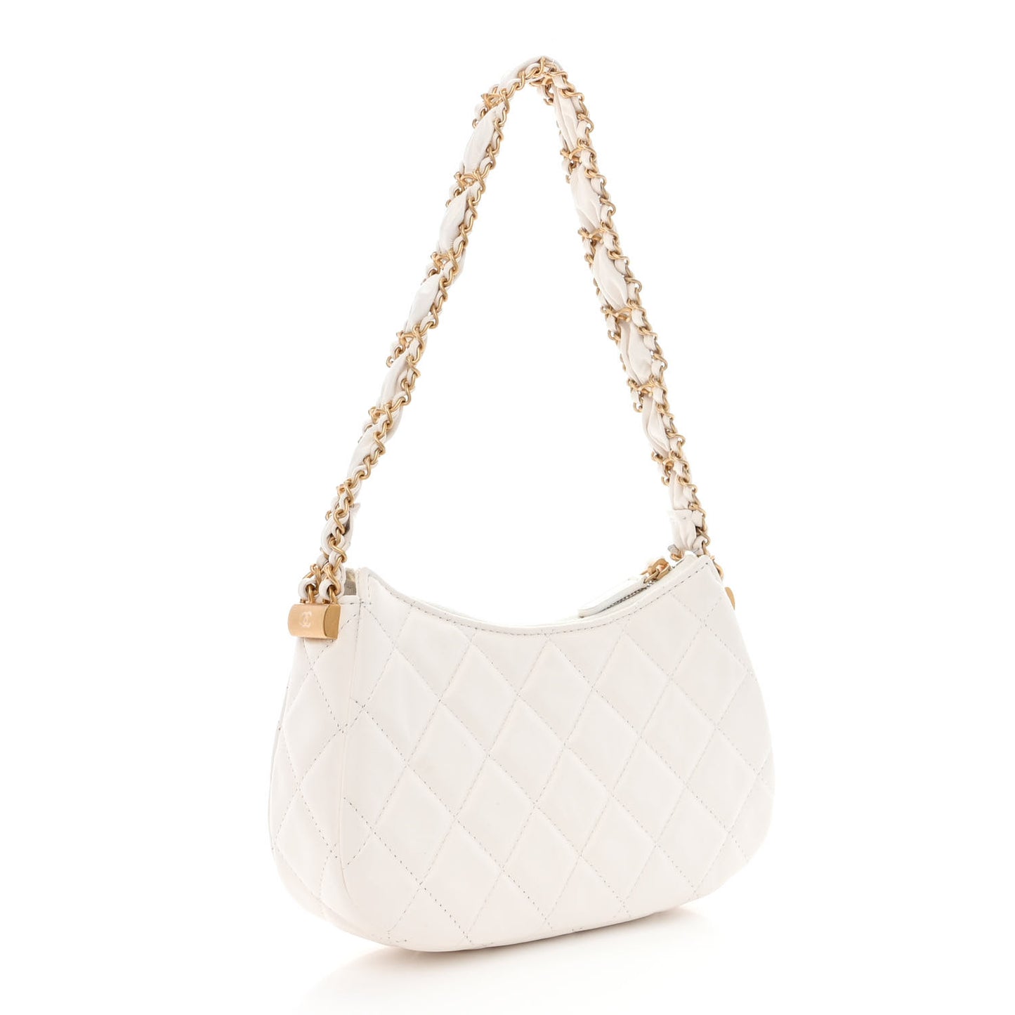 Crumpled Calfskin Quilted Braided CC Small Hobo White