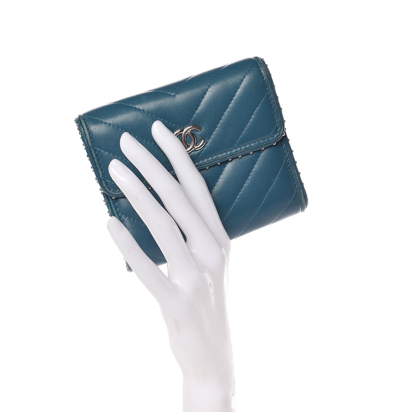 Lambskin Chevron Quilted Studded Compact Flap Wallet Blue